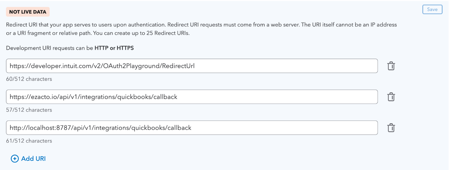 Redirect URIs with the ezacto callbacks registered