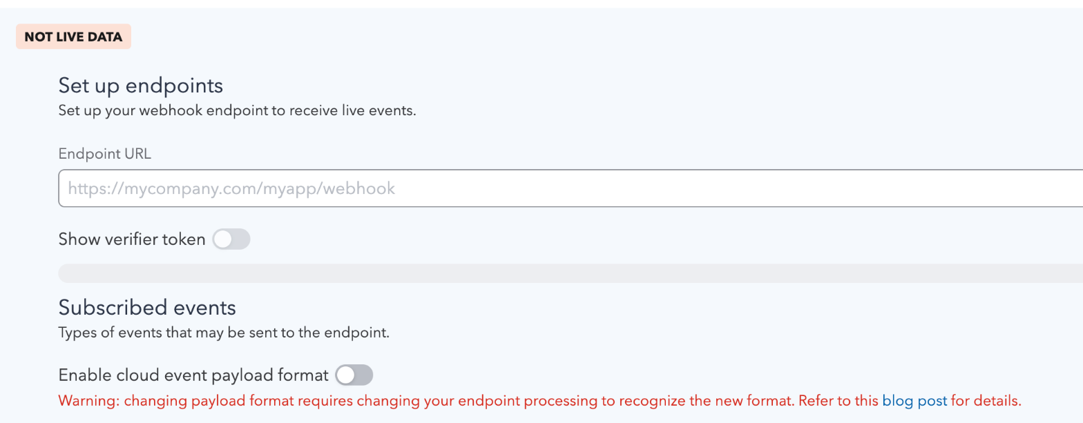 Webhook endpoint, verifier token and subscribed events